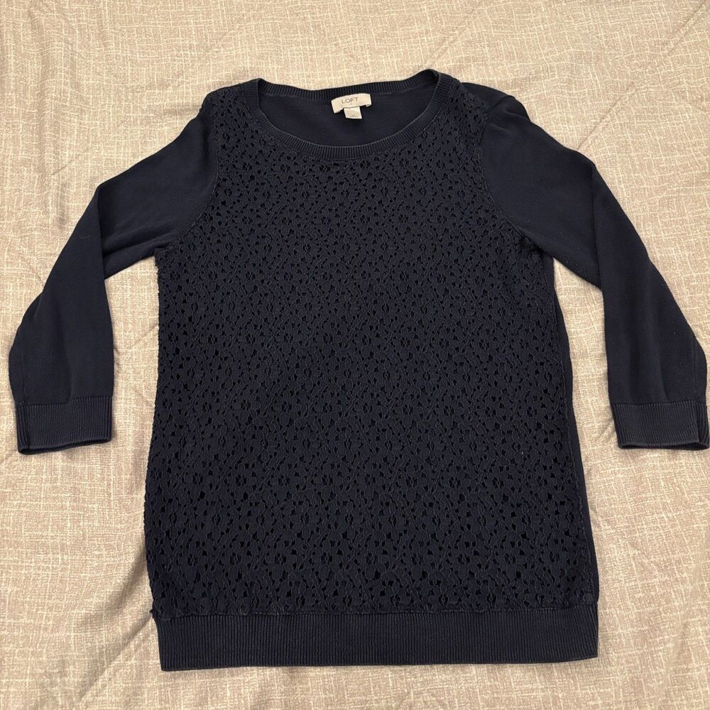 LOFT: Navy Blue Lace Front Sweater Top Size M
